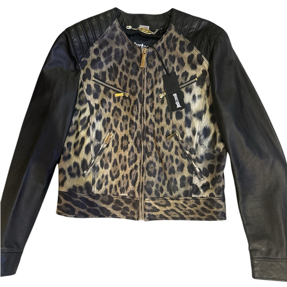 Roberto Cavalli Leather and leopard print leather Jacket size 44 - Picture 1 of 8